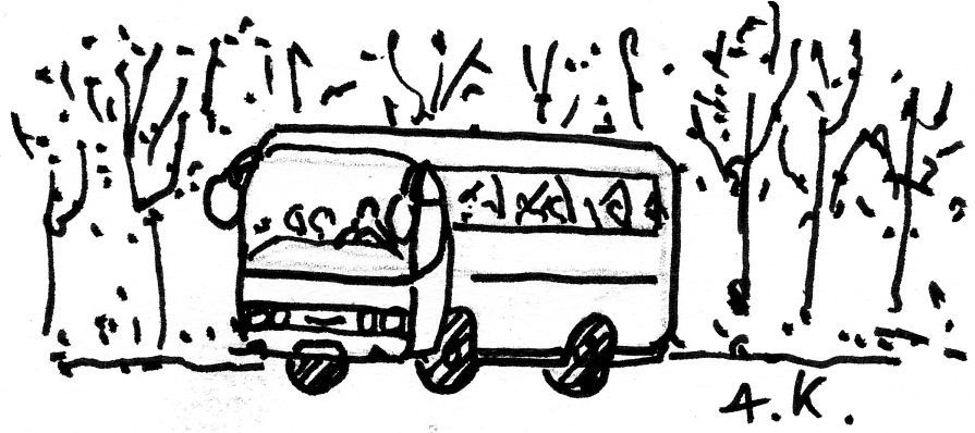 Busfahrt Illustration einer Reisegruppe im Bus, der durch eine Allee fährt.