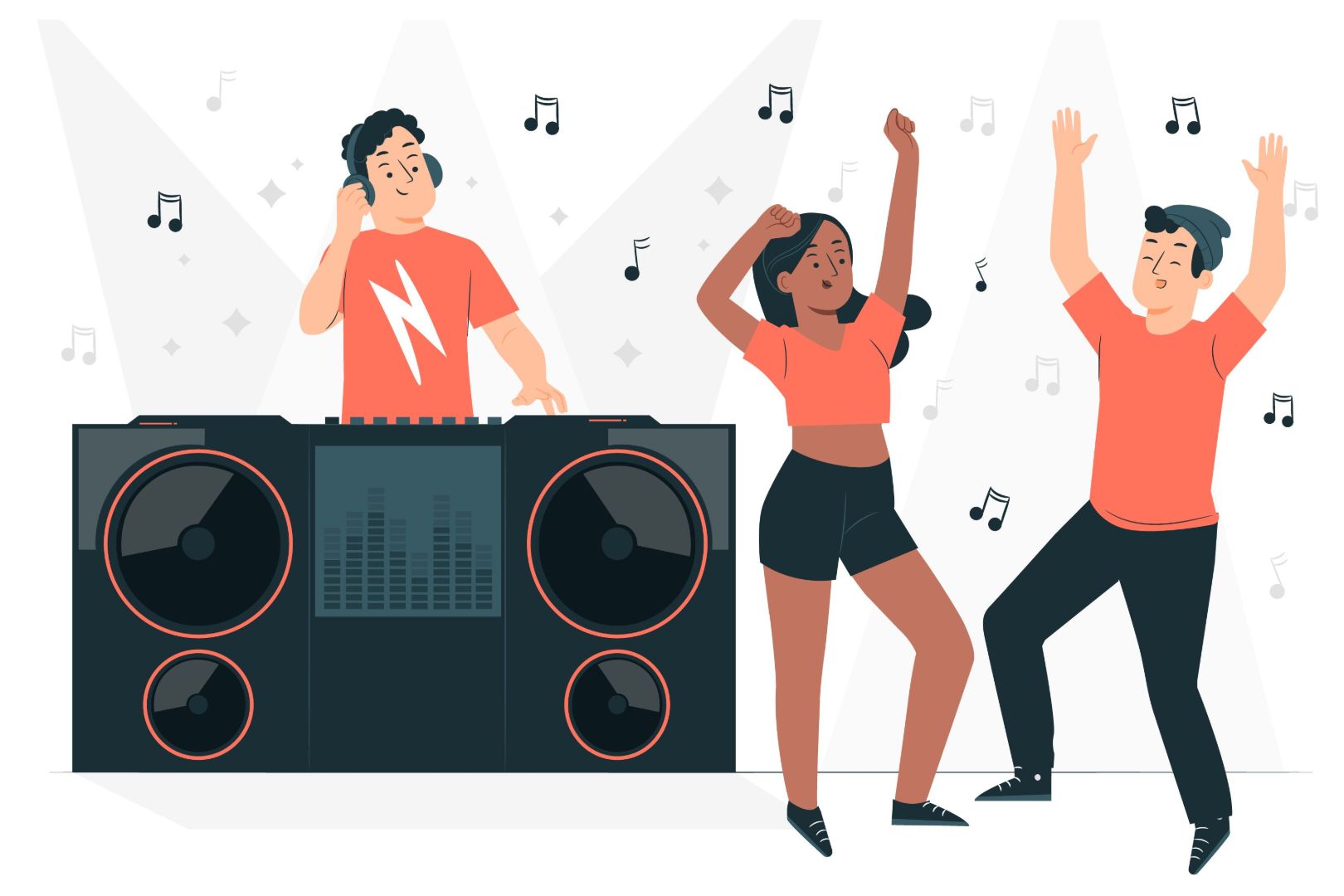 DJ hinter einem DJ-Pult und zwei tanzende Personen (Frau und Mann). Musiknoten und angedeutete Licht um sie herum.