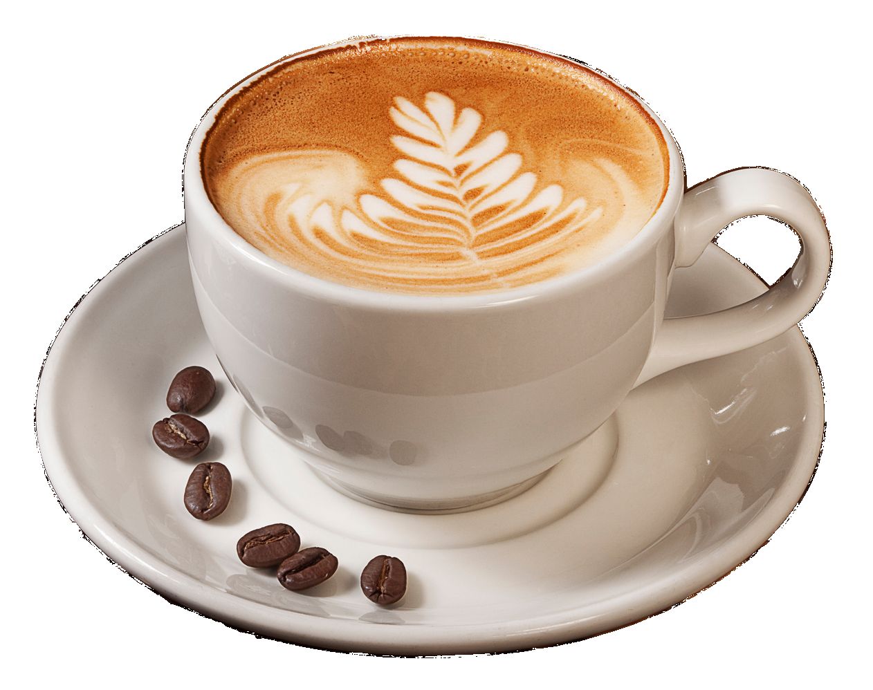 Eine Kaffeetasse mit einem Blattmuster im Milchschaum und Kaffeebohnen auf der Untertasse.