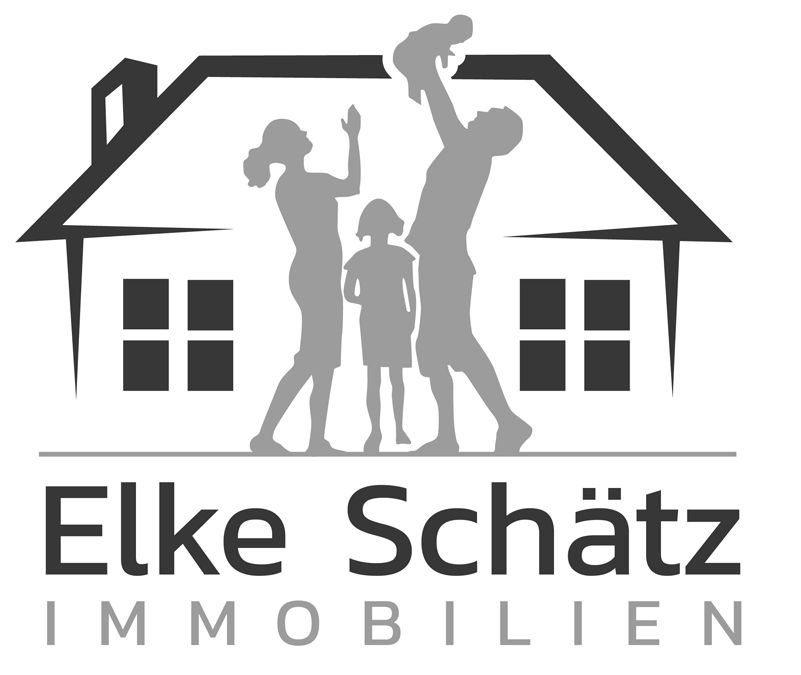 Logo mit einem stilisiert Haus und davor Silhouetten von einer Familie mit Kind und Baby, darunter der Schriftzug "Elke Schätz - Immobilien"