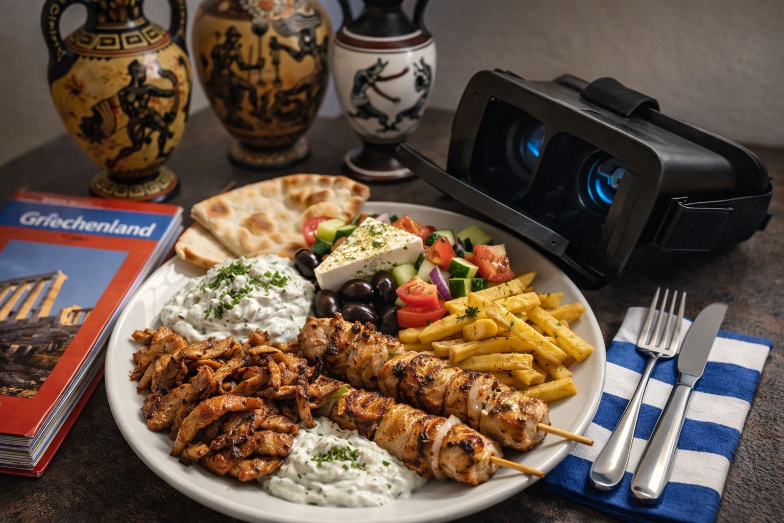 Foto von einem Teller mit griechischem Essen (Gyros, Fleischspiese, Tzatziki, Pommes, griechischer Salat und Pita), daneben ein Griechenland Reiseführer, drei Vasen mit griechischen Malereien, ein Fernglas und Besteck auf einer blau-weiß gestreiften Serviette.