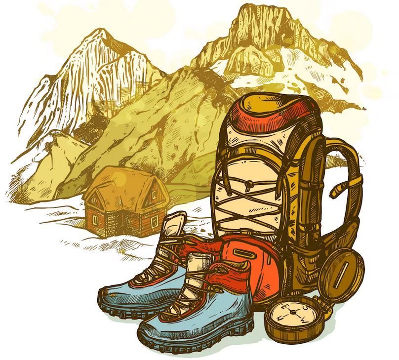 gezeichnetes Bild von einem Wanderrucksack, Schuhen und einem Kompass auf der rechten Bildseite. Im Hintergrund sind felsige Berg und eine H&uuml;tte.