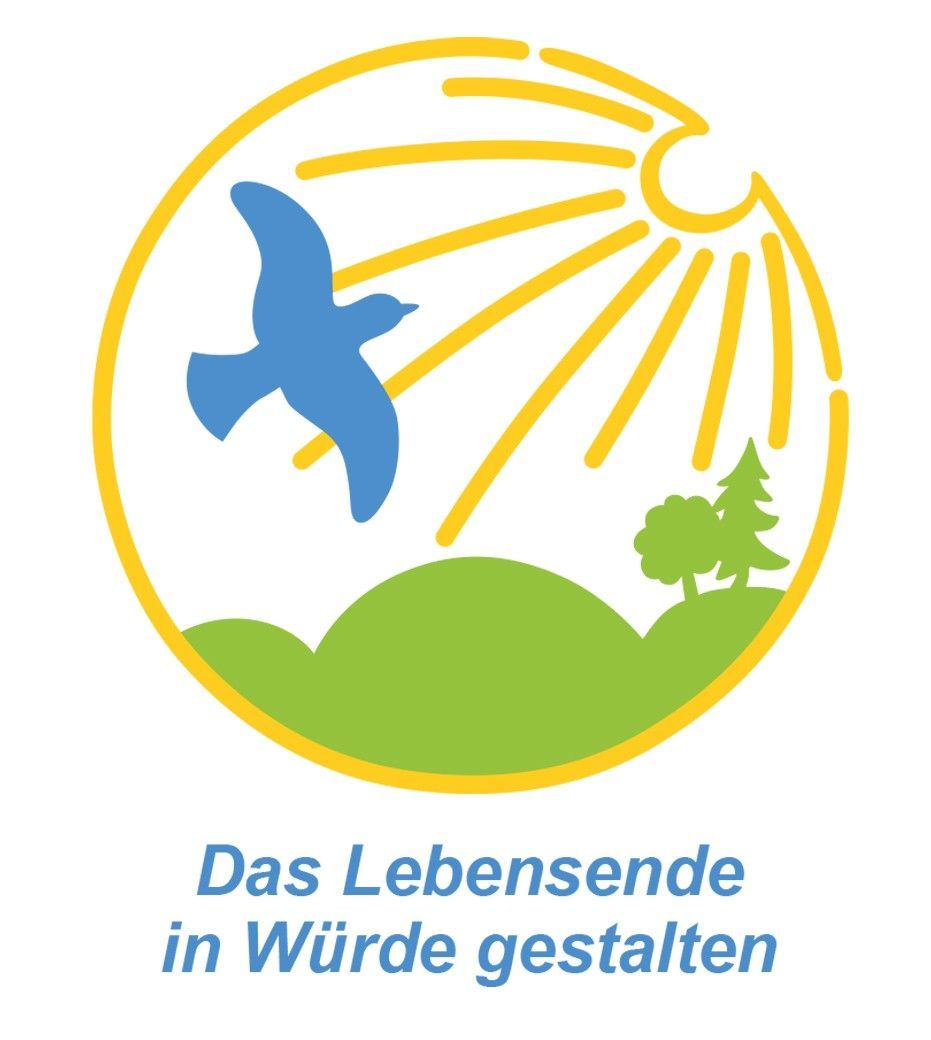 Logo bestehend aus einem gelben Kreis mit einer Sonne, einem blauen fliegenden Vogel und grünen Hügel mit Bäumen in der Mitte. Darunter der Schriftzug "Das Lebensende in Würde gestalten"