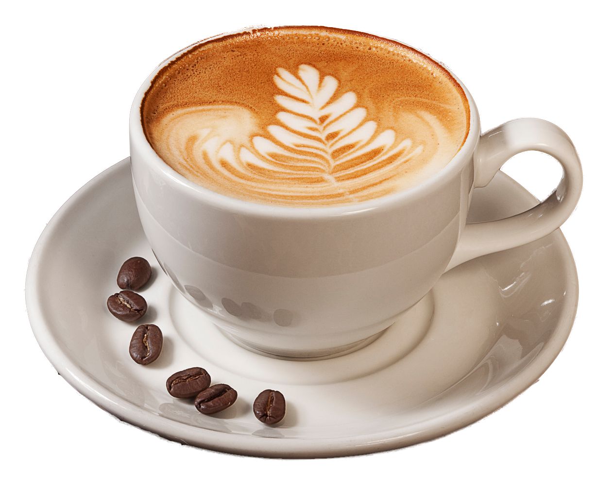 WillkommensCafé Eine Kaffeetasse mit einem Blattmuster im Milchschaum und Kaffeebohnen auf der Untertasse.